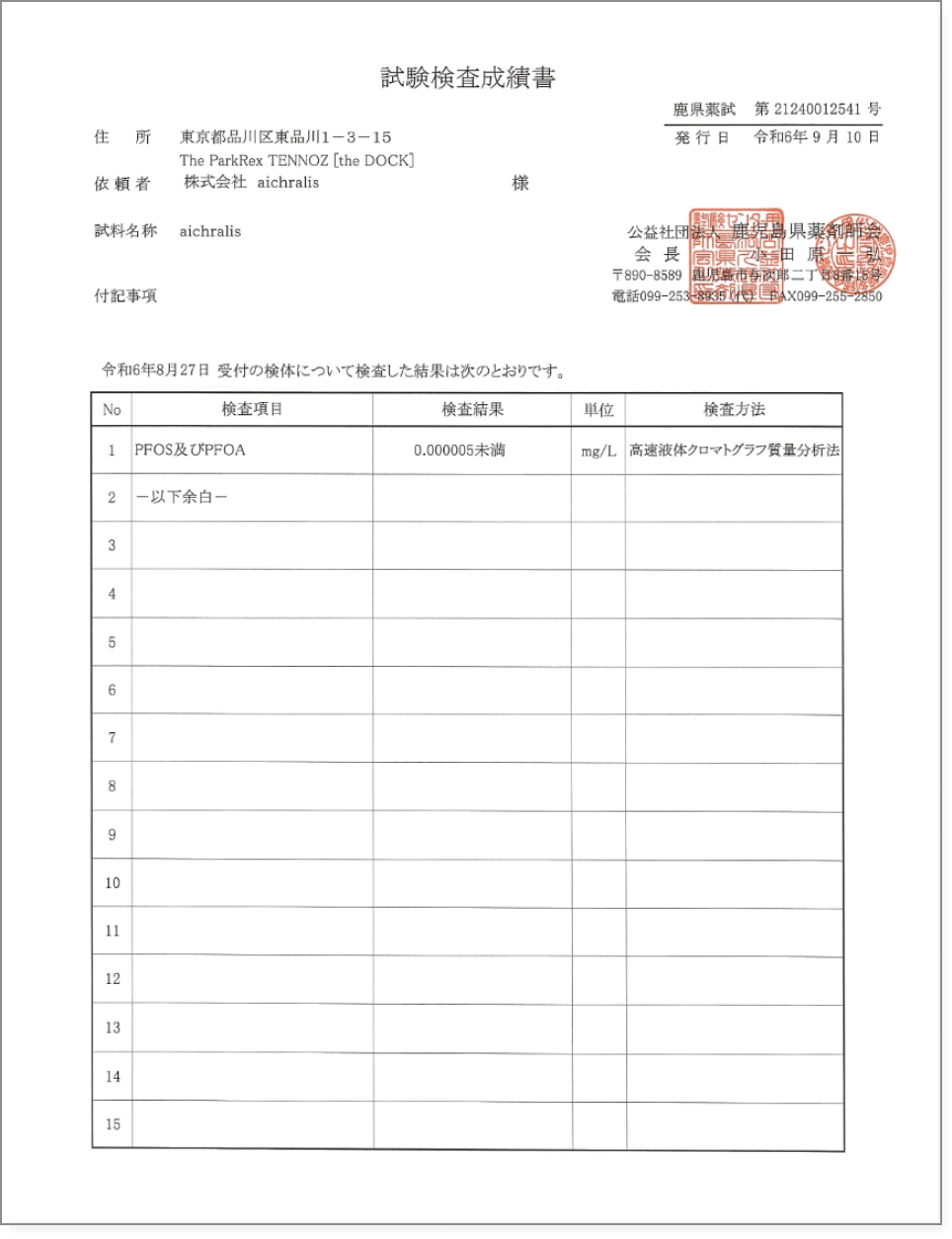 検査成績書（PFOS/PFOA）のプレビュー