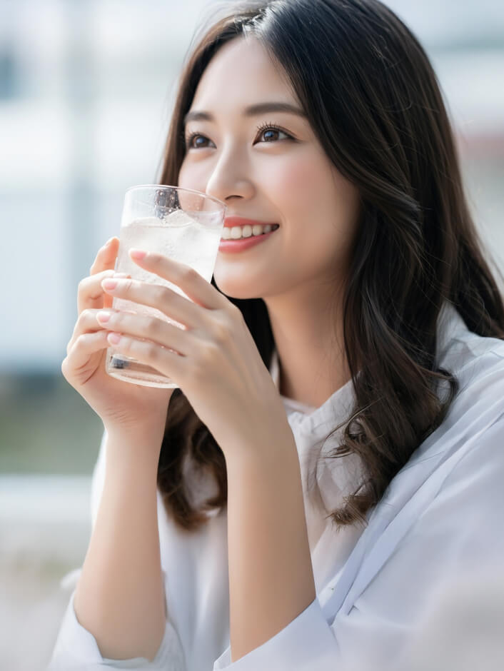 微笑みとグラスの水